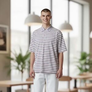 PETER MILLAR MENS  White BROWN and Blue striped golf polo size large sports